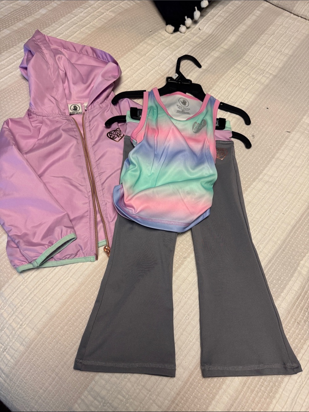 BODY GLOVE Girl's Pastel Rainbow Tank & Gray Flare Pants Set with Pink Jacket 2T